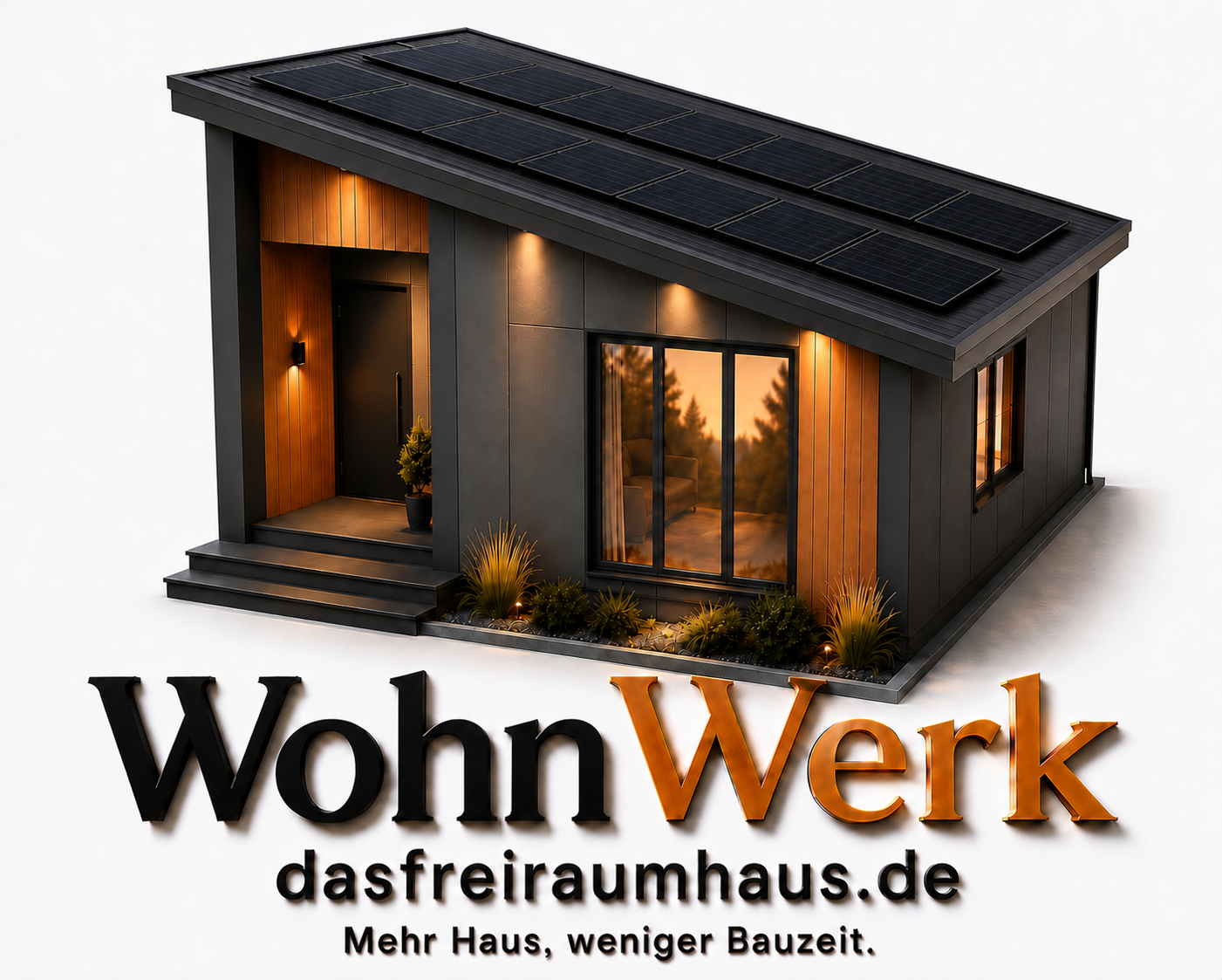 Modernes Freiraumhaus mit Pultdach, Photovoltaik und warmen Holzdetails